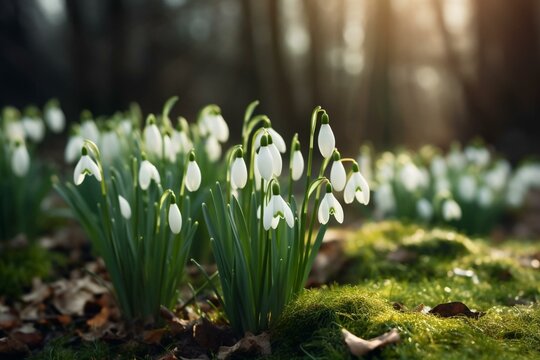 Snowdrops on green meadow in sunny garden. Easter spring background. Generative AI