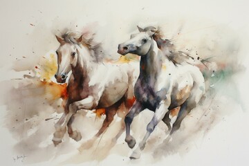 Energetic watercolor painting of galloping horses against a white background in a dynamic composition. Generative AI