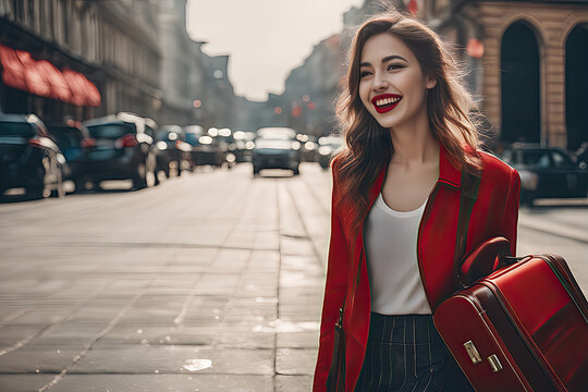 Happy and smiling young woman sightseeing in the city, travel concept, generative ai