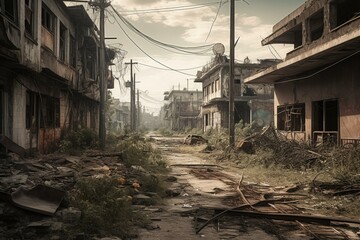 Fototapeta na wymiar Decayed urban area depicting destruction and abandoned structures. Generative AI