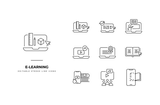 Set of E-learning Icon Packs. Simple line art and editable stroke icon packs. e learning, online, education, icon, digital, book, certificate, class, school, academy