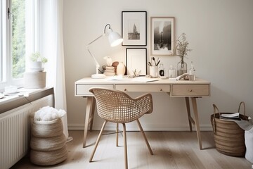 Minimalist Scandinavian decor featuring a curated gallery wall, natural rattan chair, and a clean white desk for a stylish home office design. Generative AI