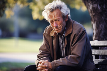 Poignant image of a distressed man alone on a park bench, wrestling with relationship issues.