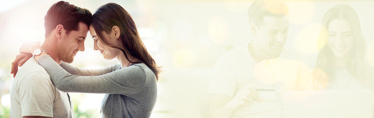 Forehead, love or happy couple hug by mockup space for romance, care or bond together in marriage. Intimate connection, peace or romantic people embrace to celebrate anniversary on date for support