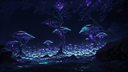 Luminescent fungi, dark blue and purple trees with leaves that glow under moonlight - AI Generative
