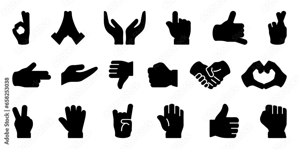 Poster hand gesture icons. set of different hand gesture icons. simple hand gesture signs. black hand gestu