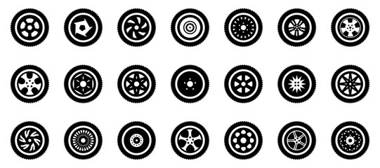 Vehicle wheel icons. Set of different car wheel icons. Simple transport wheel signs. Black vehicle wheel icons