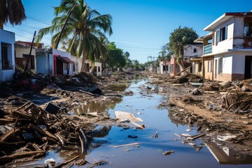 Intense hurricane causes island flooding and widespread devastation. Generative AI - obrazy, fototapety, plakaty