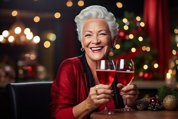 Portrait of happy senior woman with champagne glasses at christmas time