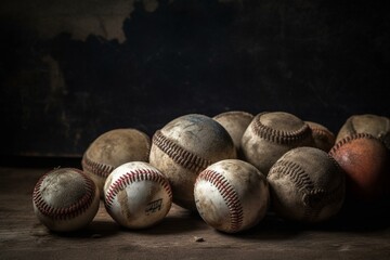 Old baseballs on aged backdrop. Generative AI