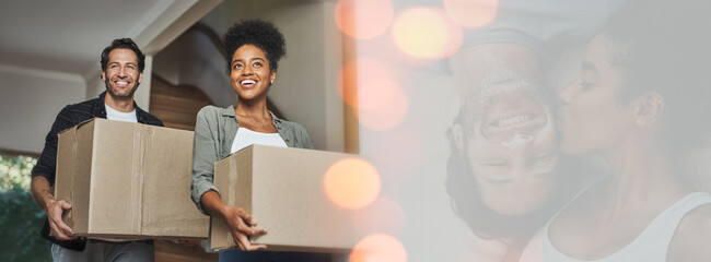 Walking, mockup or happy couple with boxes in new home for investment, property or real estate. Interracial, bokeh or excited man with a biracial woman in a house with loan success, goal or security - Powered by Adobe