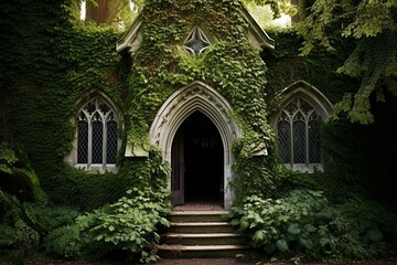 Fototapeta na wymiar A hidden chapel engulfed by ivy creates an eerie atmosphere. Generative AI