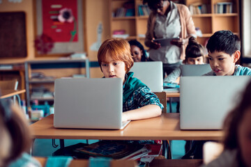 Young boys having computer class in a middle school classroom