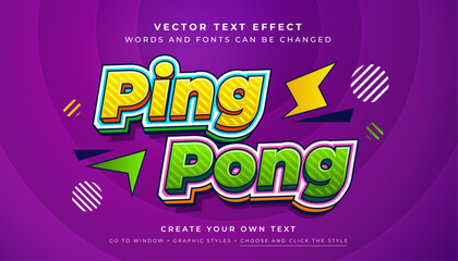 Vector 3D fun yellow green text effect. Outlined ping pong graphic style on abstract purple background