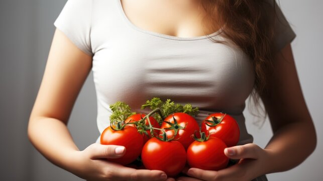 Healthy Lifestyle with Fresh Tomatoes. A slim woman showcasing her belly while holding ripe tomatoes on a white background. Nutrition and wellness. Generative AI