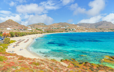 Landscape with Kalafatis beach, Mykonos island, Greece Cyclades - obrazy, fototapety, plakaty