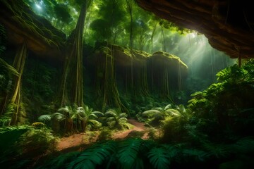 Wide angle, the large trunk of trees, low angle, cinematic, tropical rainforest - AI Generative