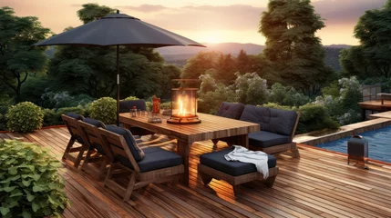 Fotobehang Dusky Delight - Patio With Wooden Seats, Coffee Table And Sunshade In The Garden with Sunset View Background. Generative AI © Gasspoll