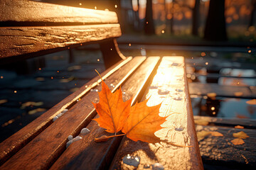 A close up of a wooden bench with a autumn maple leaf on it. Generative AI