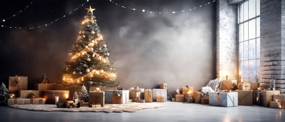 Loft apartment, room decorated Christmas tree, gift boxes, light, candles on concrete textured place. Photozone. Modern interior mock up for holidays. Gorgeous New Year background. Generative ai.