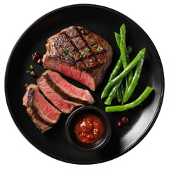 grilled meat with vegetables on a black plate with a transparent background