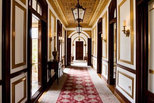 Luxury Home Hall Antique Mansion Corridor with Vintage Wallpaper and Baroque Interior