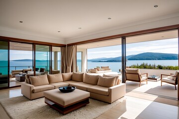 Luxury Lakeside Home Cozy Beige Sofa in Modern Living Room with Panoramic View