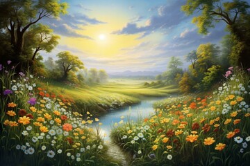 A sunny meadow landscape with refreshing sunrays, vibrant floral patterns, representing spring and summer. Generative AI