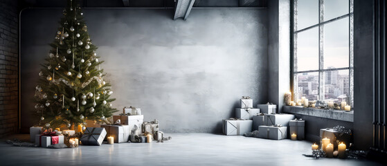Loft apartment, room decorated Christmas tree, gift boxes, light, candles on concrete textured place. Photozone. Modern interior mock up for holidays. Gorgeous New Year background. Generative ai.