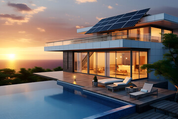 Modern electric systems on the roof of the house based on photovoltaic solar panels and lithium-ion backups against the background of sunset.