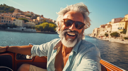 Portrait of happy senior man laughing smiling while sailing a boat in Italy or on vacation