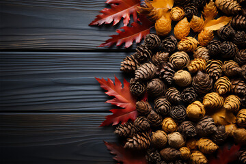 Autumn Leaves and Pinecones. A composition of vibrant autumn leaves, pinecones, and acorns scattered on a wooden surface. Essence of fall. Thanksgiving-themed backgrounds or designs