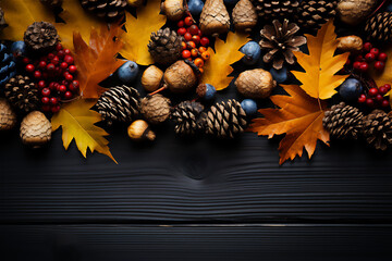 Autumn Leaves and Pinecones. A composition of vibrant autumn leaves, pinecones, and acorns scattered on a wooden surface. Essence of fall. Thanksgiving-themed backgrounds or designs