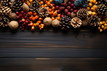 Autumn Leaves and Pinecones. A composition of vibrant autumn leaves, pinecones, and acorns scattered on a wooden surface. Essence of fall. Thanksgiving-themed backgrounds or designs