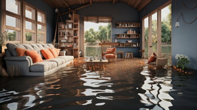 Household Items Set Adrift in a Flooded Dwelling. Generative AI