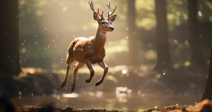 Graceful deer in nature, featuring elegant leaps and stills amongst the trees. Generative AI