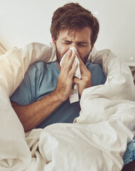 Man, blowing nose and sneeze, sick with allergies or influenza, virus and bacteria with health fail...