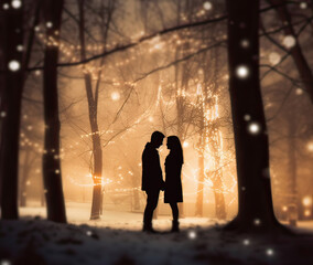 couple in love silhouette.Romantic scene of young couple kissing.Background