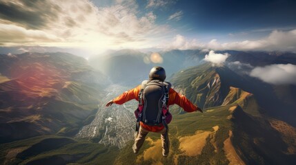 Obraz premium Rear View the excitement of adventure travel, featuring skydiving thrills and mountain hikes. Generative AI