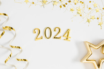 Golden digits in 2024 number with gold decorations on white background. 2024 new year backdrop....