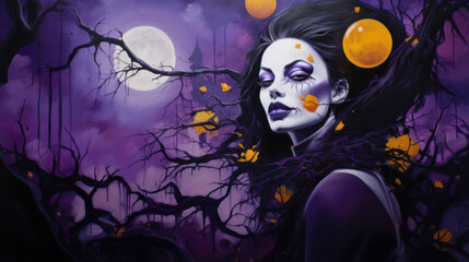 Spooky Halloween card. Purple witch in white makeup.