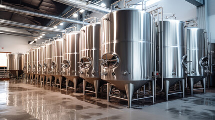 Modern wine factory with large shine tanks for the fermentation - obrazy, fototapety, plakaty