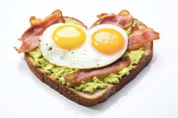 Heart shaped toast with fried egg, bacon and avocado isolated on white background.