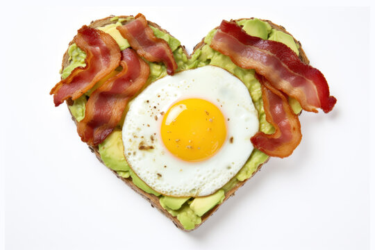 Heart Shaped Toast With Fried Egg, Bacon And Avocado Isolated On White Background.