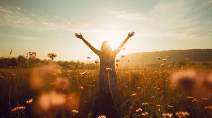 Happy and joyful woman raising arms in a rural field. Woman praising or worship in sunset - obrazy, fototapety, plakaty