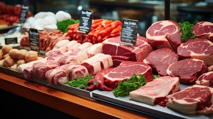 A Symphony of Meats - A butchery counter with a big variety. Generative AI