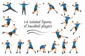 Vector figures of handball players and keepers team in blue T-shirts in various poses training, running, jumping, throwing the ball on a white background