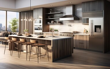 A modern kitchen design, highlighting sleek stainless steel appliances and an elegant kitchen island. Generative AI