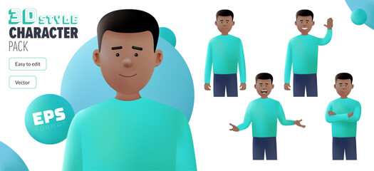 Editable 3D EPS black male vector character in a set of multiple poses. Fully editable and isolated on a white background. Modern trendy style 3D character pack. Created with the mesh tool 3D effect.