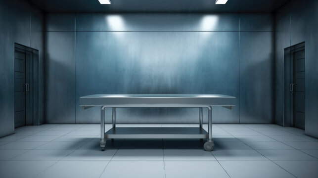 Empty metal bed in autopsy room. The table for dead body. Forensic doctor made autopsy on it.